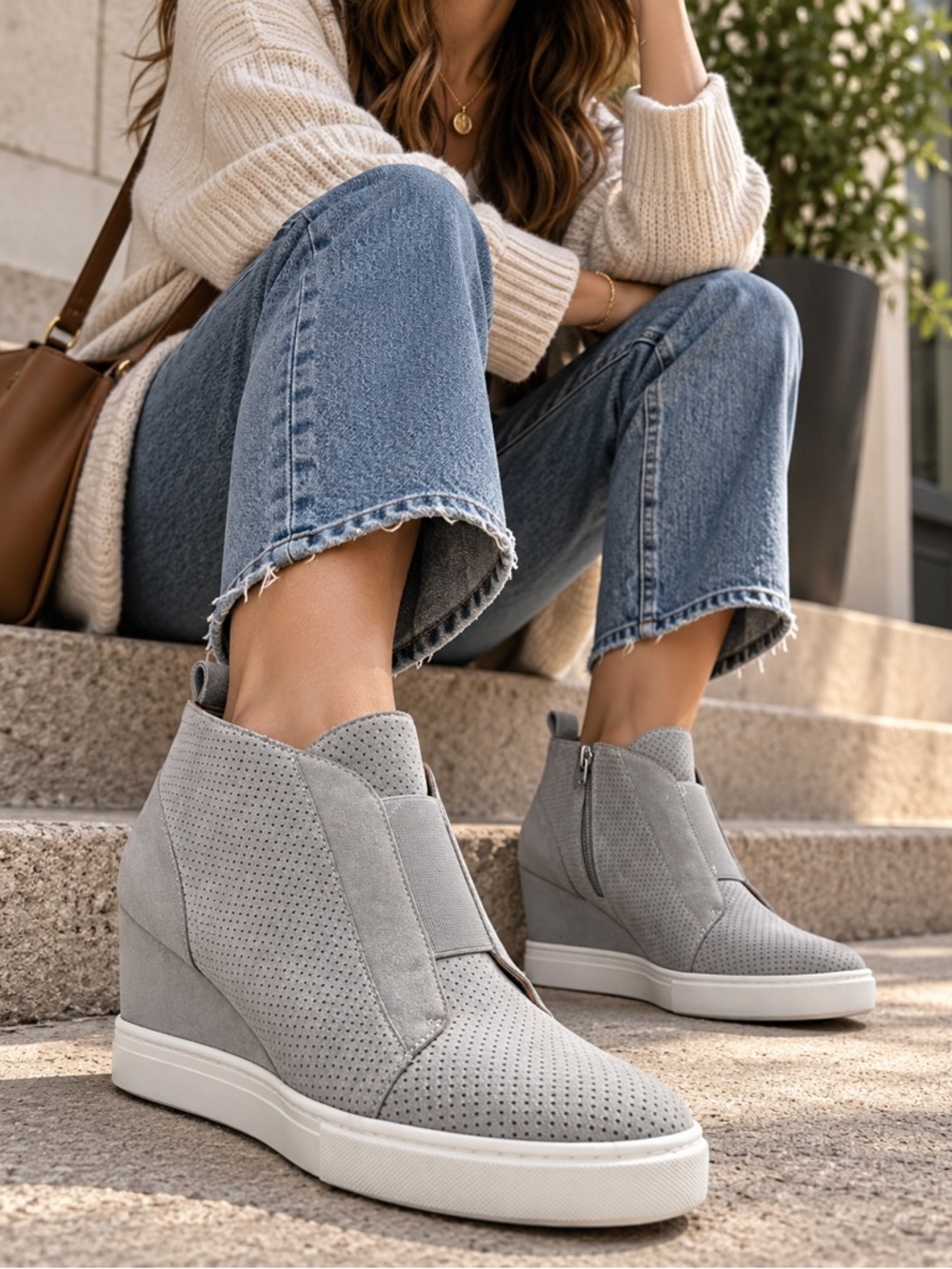 Linea Paolo Felicia Gray Perforated Suede Wedge Sneaker Booties Sz 6.5